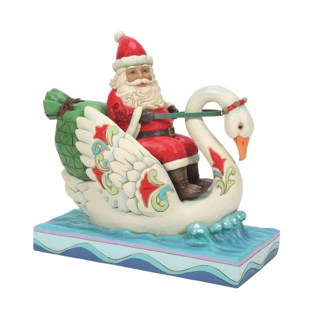 Jim Shore Santa Riding White Swan Sleigh with Red, Green & Blue Accents
